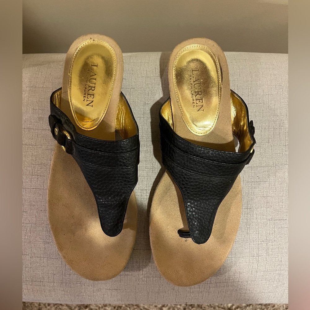 Lauren KENDRA Sandals Genuine Leather, Black with Gold Accents, size 9 - Picture 4 of 5